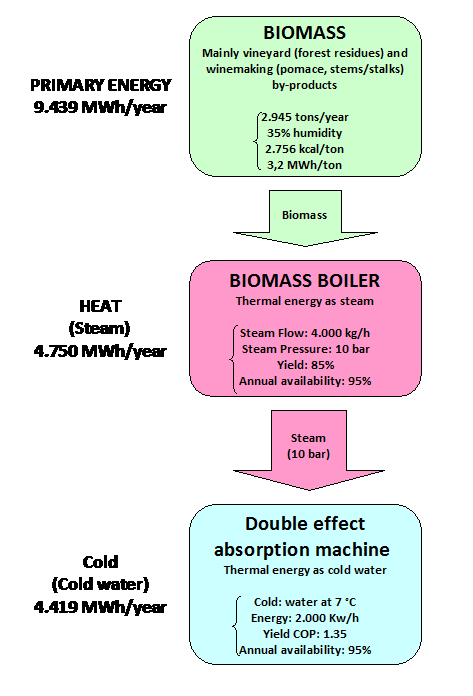 an example of cold production from biomass in the Miguel Torres S.A. winery.